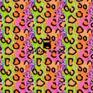 May include: A seamless pattern featuring a bright, colourful leopard print with a glittery texture. The print is a mix of orange, pink, green, and purple.