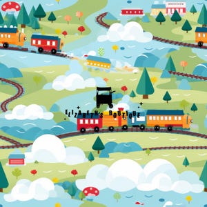 May include: A colorful illustration of a train traveling through a whimsical landscape with clouds, trees, and houses. The train is made up of yellow, red, and blue cars. The train is traveling on a track that winds through the landscape.