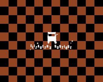 May include: A black and brown checkered background with a white silhouette of a food cart and the text "ELIZABETH'S BOUTIQUE" in white.