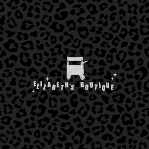 May include: Black and white graphic design with a leopard print background. The design features a food truck with the text "Elizabeth's Boutique" underneath.