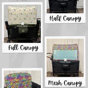 May include: A collage of images showcasing different wagon accessories, including full and half canopies, mesh canopies, and seat covers. The wagon accessories are in various colors and patterns, including a leopard print, a camping themed print, and a car themed print. The text "Customizing your dream wagon since 2022." is at the top of the image. The text "Elizabeth's Boutique" is at the bottom of the image.