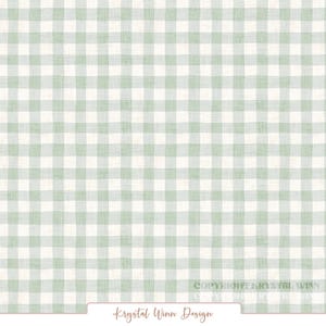 Puede incluir: Un patrón sin costuras con un diseño clásico de cuadros de vichy en verde claro y blanco. El patrón cuadrado repetitivo crea una apariencia texturizada, similar a la tela. La parte inferior de la imagen incluye el texto "Krystal Winn Design".