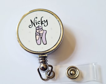 Ballet Shoes Personalised Retractable Badge Reel, Retractable Nurse Id Reel, Midwives Id Clip, Doctor Retractable Id holder,  Ballet