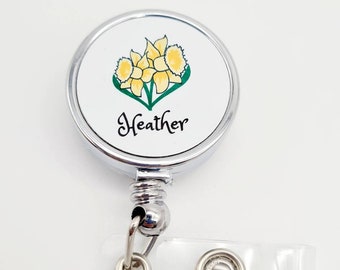 Personalised Daffodil Retractable Badge Reel, Retractable Nurse Id Reel, Midwives Id Clip, Doctor Retractable Id holder, Daffodil clip