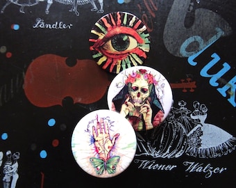 2+ 1 big Buttons Set /Pins/Brooch: Evil Eye, Fortune Teller & Palmistry