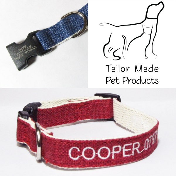 Personalised Dog Collar Custom Puppy Collar Natural Hemp Collar ECO Friendly Gift for Pets Best friend Embroidered Names Multiple Colours