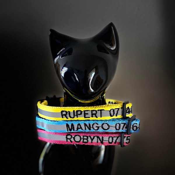Personalized Cat Collar Custom Kitten Collar Pet Breakaway Buckle Reflective Strip Warning Bell Highway Road Safety.