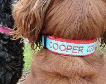 Personalised Dog Collar, Embroidered and Engraved made from ECO Friendly Bamboo Fibre Blue,Red,Pink,Navy,Black,Purple and Brown.Free P&P.