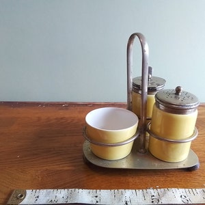 Vintage yellow Cruet Set Salt, Pepper and Mustard on an EPS stand