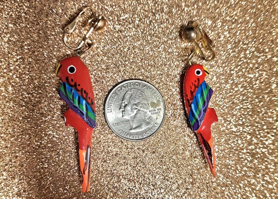 Red Parrots Vintage Clip On Earrings - image 3