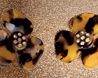 Black and Brown Mottled With Golden Rhinestones Vintage Clip On Earrings