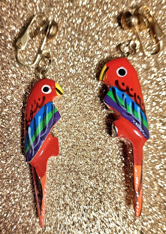 Red Parrots Vintage Clip On Earrings - image 1