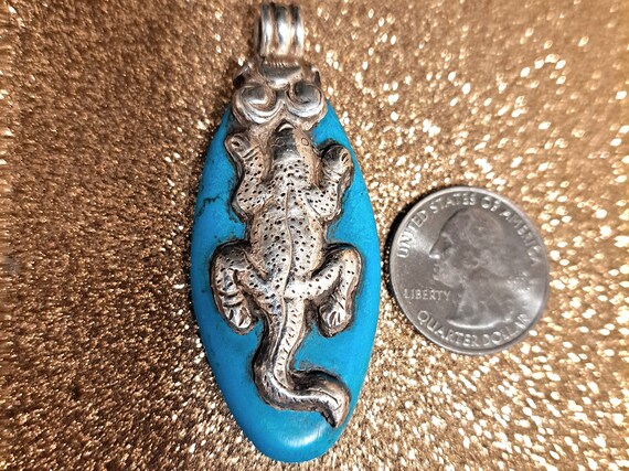 Turquoise with Silver Lizard Alligator Vintage Pe… - image 2