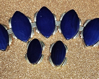 Royal Midnight Blue Vintage Clip On Earrings and Bracelet Set