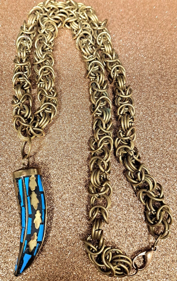 Gold Plated Turquoise Brass Claw Horn Vintage Neck