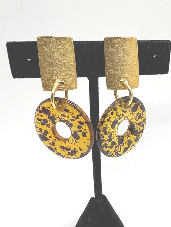 Tortoise Shell Disk Dangling Acrylic Lucite Gold … - image 1