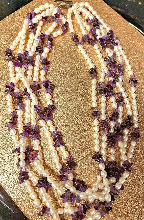 Fresh Water Pearls with Amethyst 925 Clasp 6 Stran