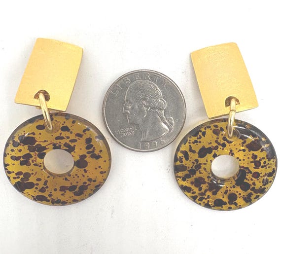 Tortoise Shell Disk Dangling Acrylic Lucite Gold … - image 2