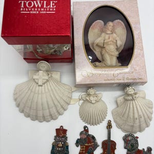 4 Vintage Christmas Ornaments Lot Towle Bell 2007, 1994 Seraphim Angel, 1980's Porcelain Shells