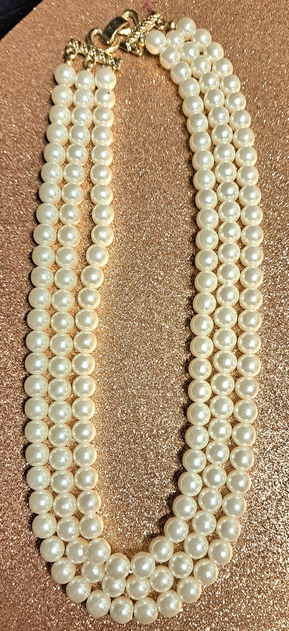 3 Strands of White Vintage Pearls with Gold Plated