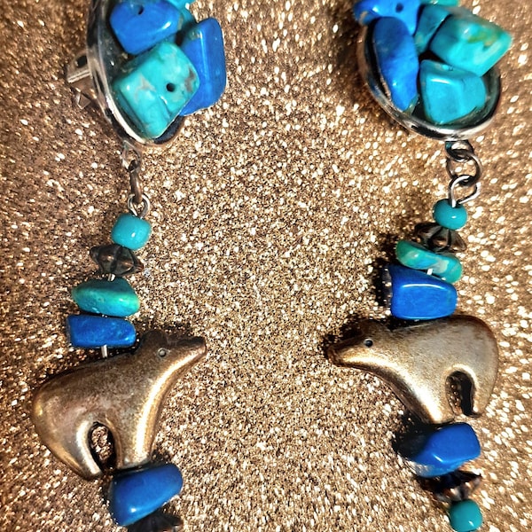 Turquoise Chunks Gold Plated Bears Vintage Clip On Earrings