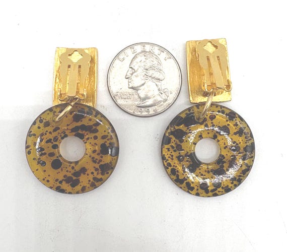 Tortoise Shell Disk Dangling Acrylic Lucite Gold … - image 3