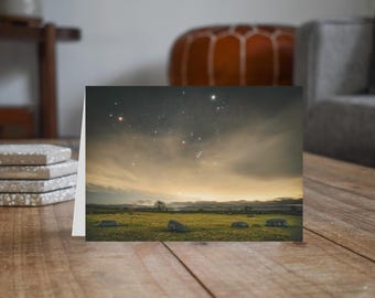 Yorkshire Dales Greeting Card • Mars, Jupiter and Orion over Gamelands Stone Circle