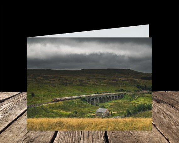 The Cumbrian Freighter passes Dandry Mire Viaduct, Settle-Carlisle Railway - Greeting Card