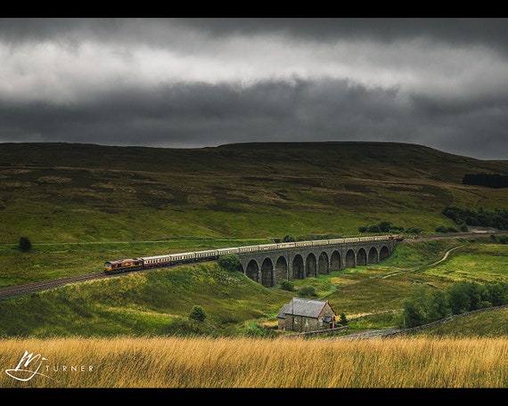 The Cumbrian Freighter passes Dandry Mire Viaduct, Settle-Carlisle Railway - Photographic Print