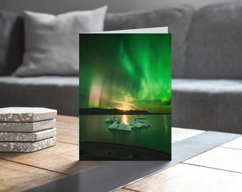 Iceland Greeting Card • Aurora, Auriga and Jupiter over Jökulsárlón