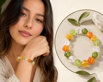 Handgjort höstpärlarmband | Orangegrönt kristallstretcharmband | Höstsmycken, present till kvinnor | Sött stapelbart armband