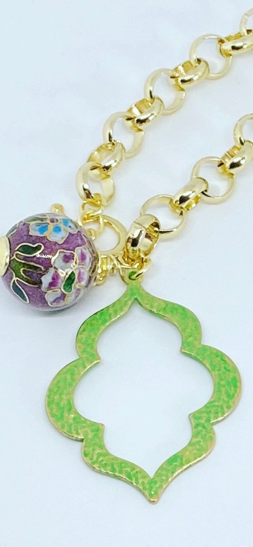 Boho Green Charm Bracelet Gold Chain Bracelet Etsy