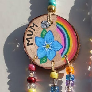 Capteur de soleil pour fenêtre myosotis, prisme de cristal, décoration suspendue en perles de bois, maladie d'Alzheimer
