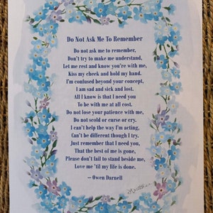 Demenza, poesie sull'Alzheimer. Scelta di 4. Non ti scordar di me Stampa A4 da acquerelli. Senza cornice. Madre, Padre, Famiglia