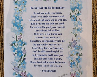 Dementia, Alzheimer&#39;s poems. Choice of 4. Forget me not A4 print from watercolour paintings. Unframed. Mother, Father, Family