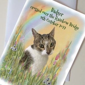 Rainbow Bridge cat art-card, Personalised, Loss Of A Cat, Sympathy card