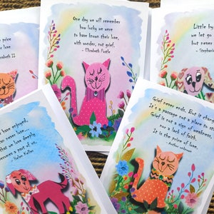 Set di 5 carte Comforting Grief & Mourning. Citazioni di guarigione del dolore. Carte di condoglianze. Gatti e cani della mamma.