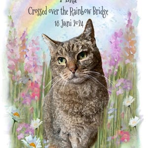 Rainbow Bridge Katzenkunstkarte, personalisiert, Verlust einer Katze, Beileidskarte