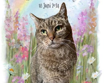 Rainbow Bridge cat art-card, Personalised, Loss Of A Cat, Sympathy card