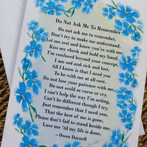 Poesie sull'Alzheimer - scelta di 6 biglietti d'arte sull'Alzheimer con poesie sulla demenza. Stampa "Non ti scordar di me" da un acquerello originale.
