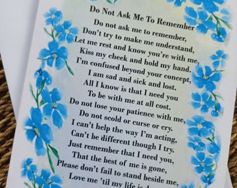 Alzheimer's Poems - choice of 6 Alzheimer's Art Cards with dementia poems. Forget me not print from original watercolour painting.