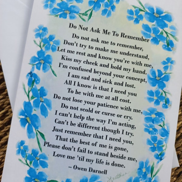 Alzheimer's Poems - choice of 6 Alzheimer's Art Cards with dementia poems. Forget me not print from original watercolour painting.