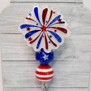 Firework Badge Reel, 4th of July Beaded Badge Reel, USA, flag, interchangeable badge reel, badge holder, nurse, teacher, ID holder, work ID