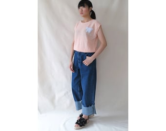 Vintage 80s Pastel Pink Top • Nubby Knit Loose Top • Cap Sleeves Relaxed Top • Sleeveless Butterfly Applique Top • Summer Vacation• S Small