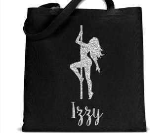 Pole Dancer Tote Bag, Personalised Pole Dance Bag, Black Cotton Shoulder Bag