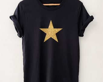 Camiseta Estrella, Camisa Negra de Algodón Orgánico, Camiseta Estrella Navidad, Top Navidad