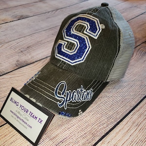 Glitter Letter Customized Distressed Black Trucker Hat | School, Monogram, Initial