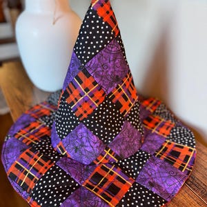 Handmade Reversible Quilted Witch Hat – Halloween Patchwork & Pumpkin Print. Purple and Orange Plaid, Pumpkin Print, Adult Costume
