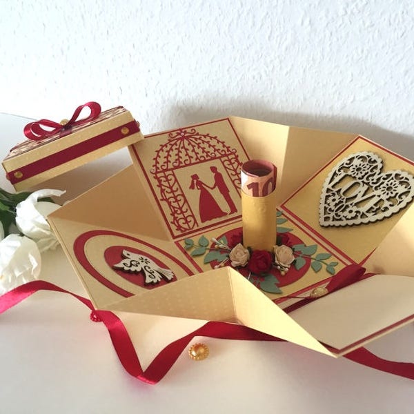 Money Gift Box, Wedding Explosion Box Card, Newlyweds Present, Handmade Exploding Box, Gift Idea, Luxury Romantic Gold Red Gift for Couple