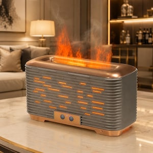 May include: A rectangular aroma diffuser with a metallic copper top and base, featuring a dark grey ribbed exterior with horizontal orange light slits. The device emits a simulated flame effect from the top, with two circular buttons on the front.